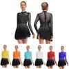 Womens Figure Skating Dress Long Sleeve Rhinestone Bodysuit Chiffon Skirt Lyrical Dance Costume
