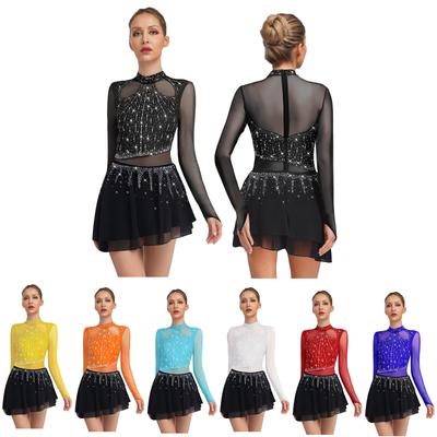 Womens Figure Skating Dress Long Sleeve Rhinestone Bodysuit Chiffon Skirt Lyrical Dance Costume