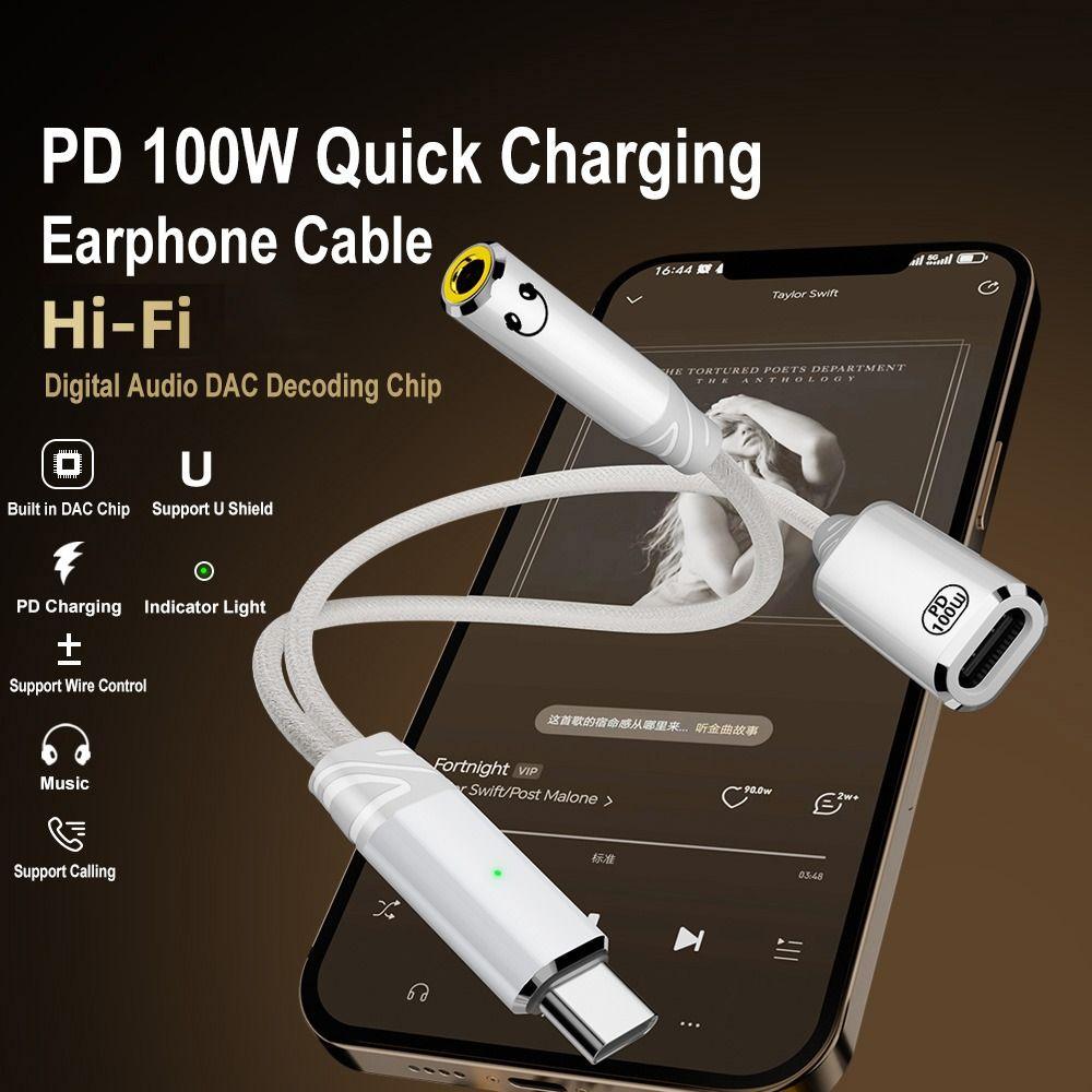 PD 100W Headphone Cable Converter Data Transmission Fast Charging Cord for Mobile Phone Tablet