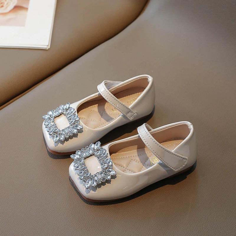 Girls Leather Shoes Chic Korean Style Rhinestones Buckle Little Big Kids Princess Mary Jane Children Fashion Dress Flats Sweet
