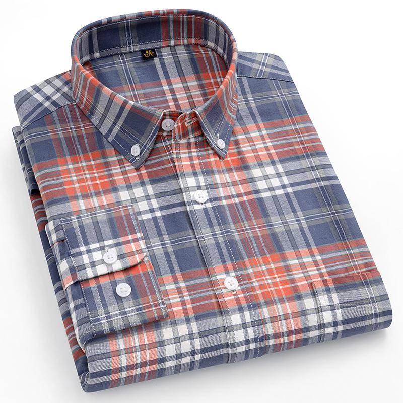 8XL 100% Cotton Oxford Striped Plaid Longsleeve Shirt for Men Dress Shirts High Quality Pure Color Business Button Up Shirt