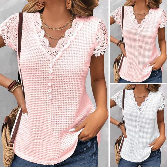 

Женский летний топ полый кружево V вырез цветочный край однотонный наряд пуговицы с короткими рукавами женский топ. Женская одежда