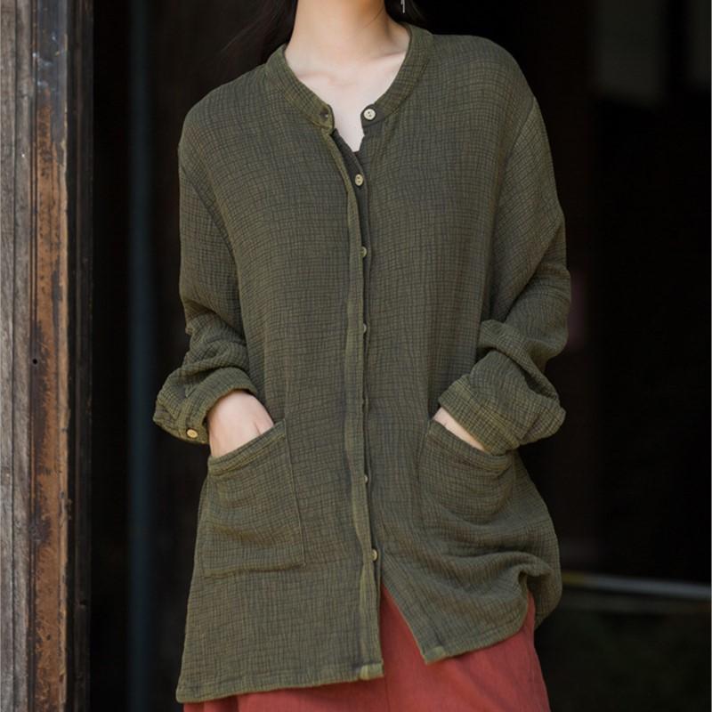 Johnature Women Vintage Shirts Solid Color Tops Autumn Button Long Sleeve O-Neck Pockets Women Shirts