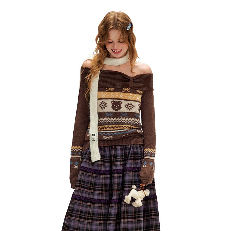 UNIFREE Retro Jacquard Off-shoulder Knit Sweater