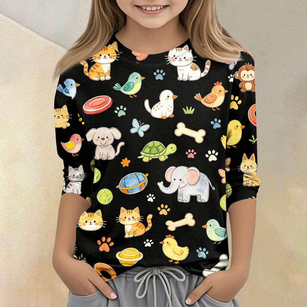Kids Animal Print Crewneck 3/4 Sleeve Casual T-Shirt Soft Lightweight Fabric Comfortable Fit for Everyday Wear