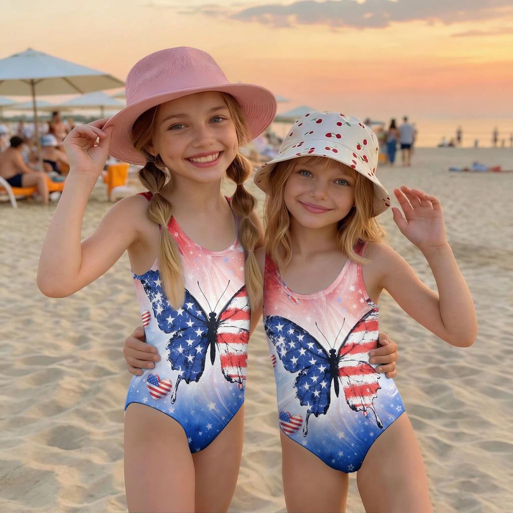 Mädchen Badeanzug Einteiler Unabhängigkeitstag Print Ärmellos Lässig Badebekleidung für Kinder Sommer Strand Pool Kleidung