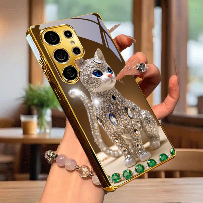 Diamond Glow Art Electroplated Golden Phone Case For Samsung Galaxy S25 S24 S26 S23 S22 S21 S20 Ultra Plus FE S26+ Glass Cover