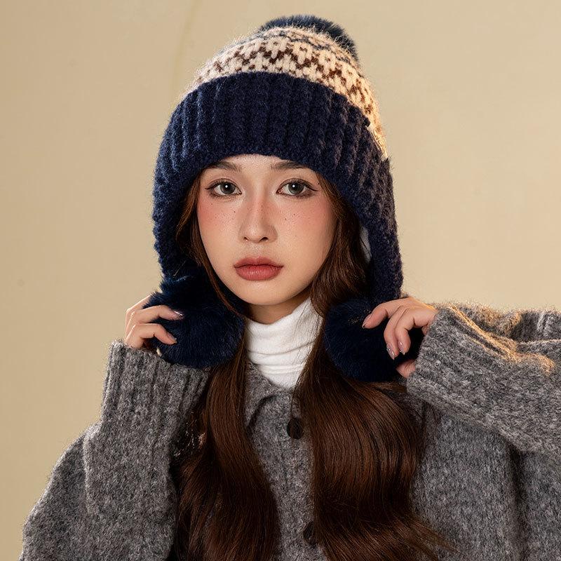 Mode Farbabstimmung Pompon Ohrenschutz Warme Mütze Damen Winter Radfahren Fleece Kälteschutz Wollmütze Tide