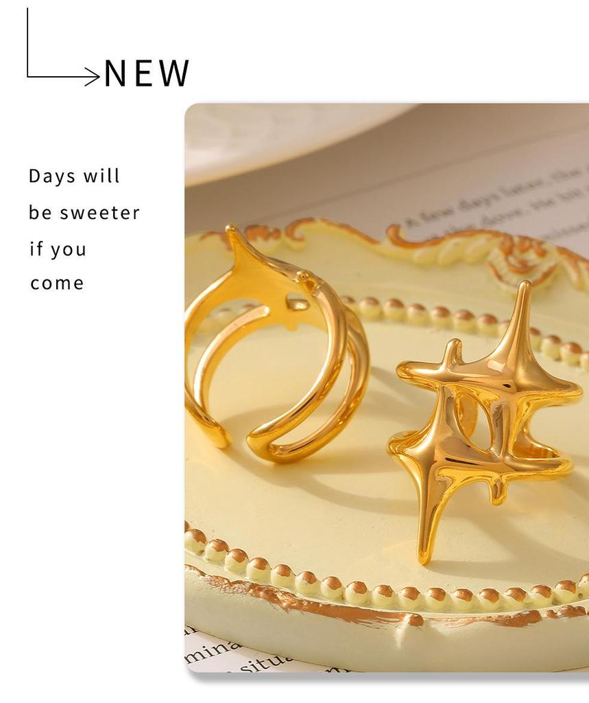 18K Gold-Plated Geometric Star Cross Open Ring - Titanium Steel Jewelry