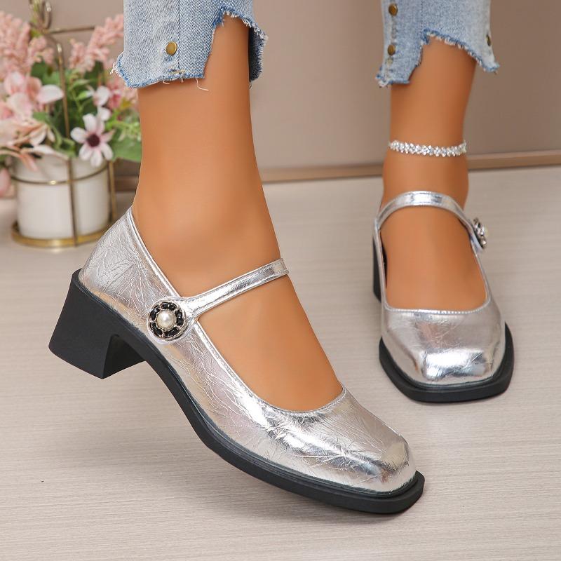 Kwadratowa klamra Grube obcasy Damskie buty Lato Nowe Damskie Modne Wszechstronne Płytkie Buty Eleganckie Proste Wysokie Obcasy