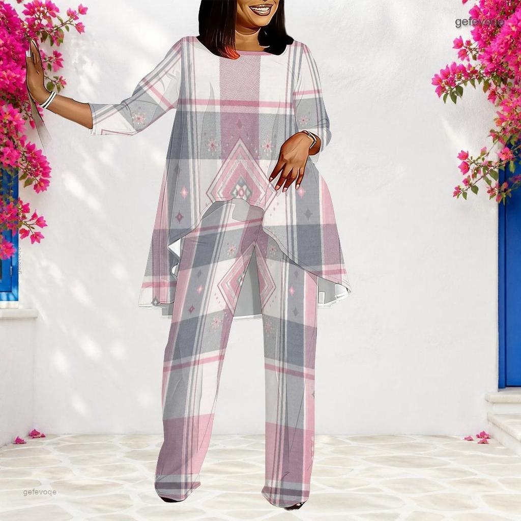 Women Plus Size Round Neck Long Sleeve Printed Layered Top Long Pants Two Piece Set