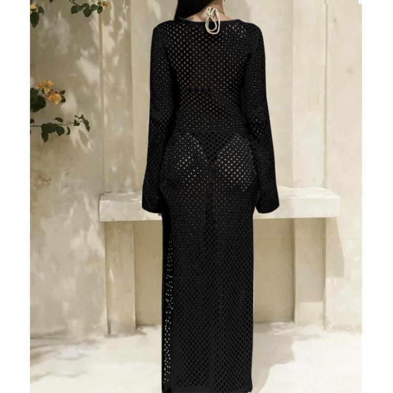 O Rochie de Plajă Decupată Nouă și la Modă, Haine de Protecție Solară cu Mânecă Lungă Uni și O Rochie Tricotată Sexy cu Fendă Laterală