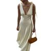 Spring New, Fashionable and Elegant V-neck Lace-up Solid Color Splicing Dress