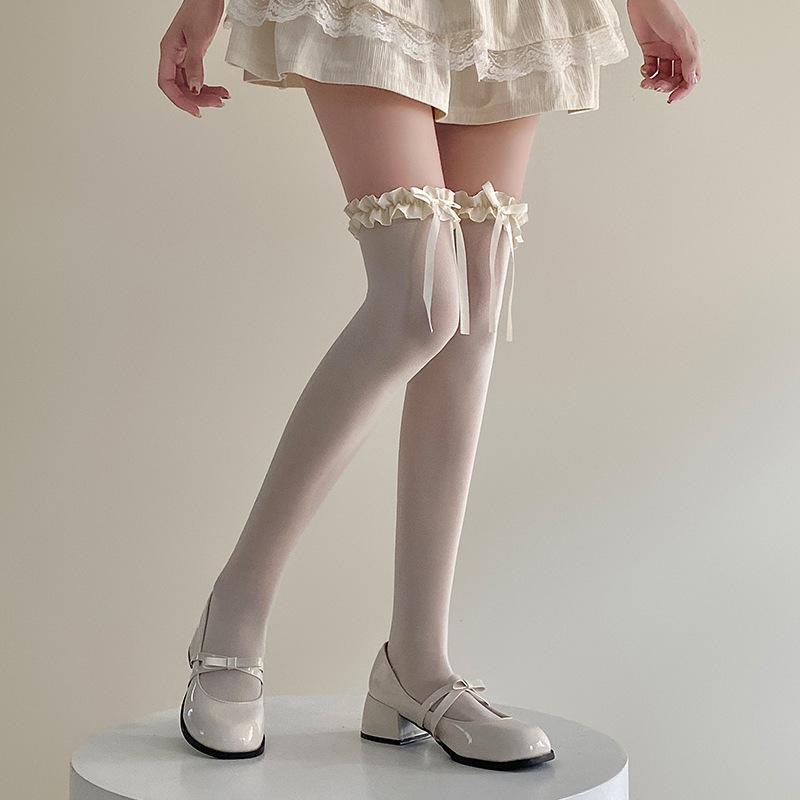 White Bow Lace-Trim Lolita Thigh-High Stockings - Spring/Summer