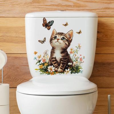 Toilet Sticker Waterproof PVC Cartoon Flower Cat Decorative Removable Lid Sticker Bright Color Toilet Art Decal