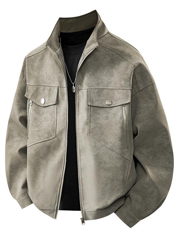 Men's Gray PU Leather Stand Collar Retro Workwear Jacket for Spring/Autumn