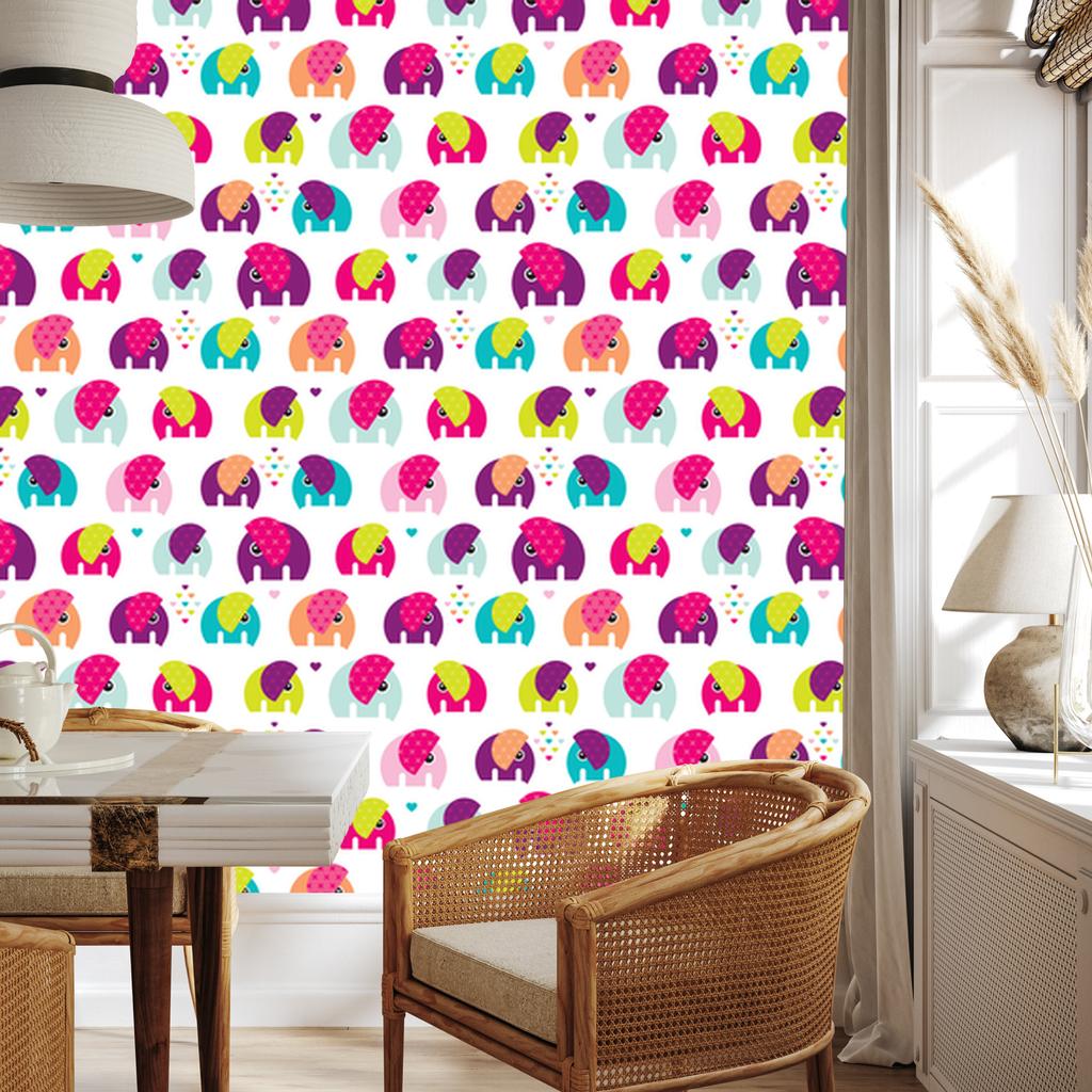Colorful Elephants and Hearts Wallpaper for Living Room and Bedroom 50x1000
