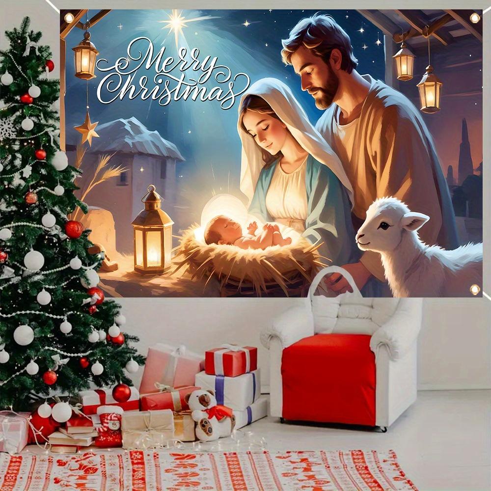 One 2D Flat Polyester Banner of "Merry Christmas" with a Scene of the Nativity of Jesus Suitable for Christmas Party Decoration