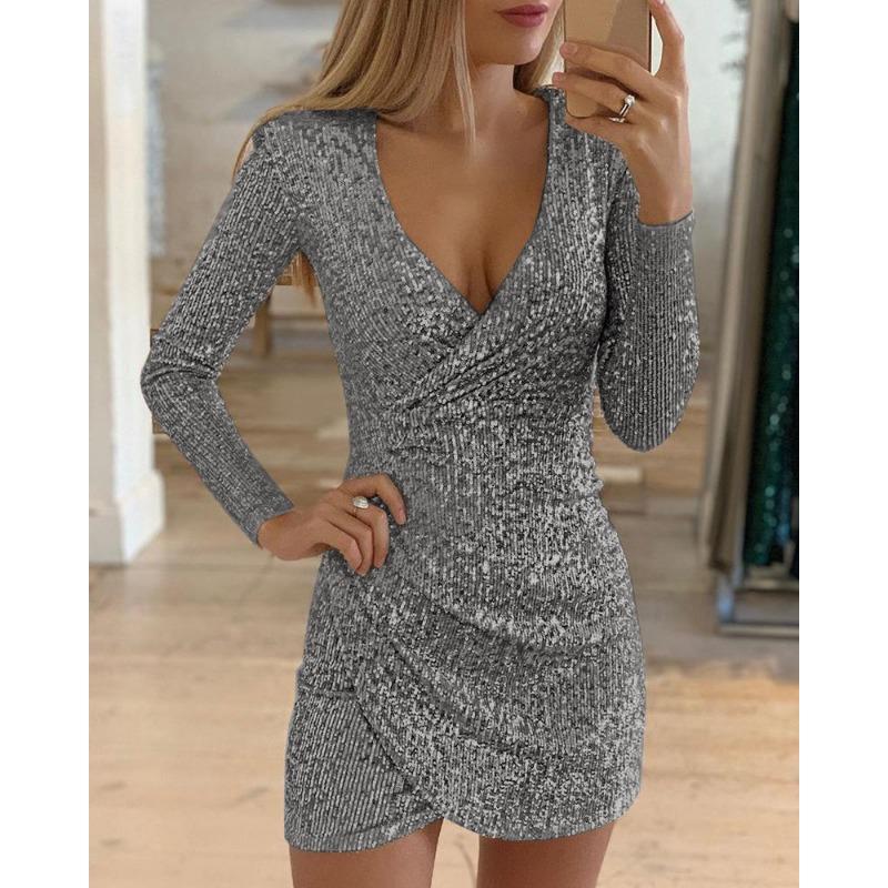 YYFS Dámská móda Jaro Podzim Jednobarevný potisk Neformální šaty s dlouhým rukávem a výstřihem do V s vysokým pasem