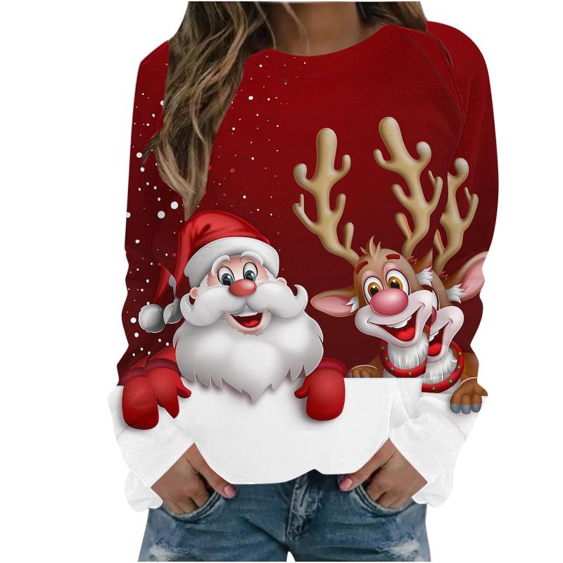 Christmas Snowman Pattern Women Fashion T-Shirts Autumn Winter Long Sleeve Cute Christmas Ladies Tee Plus Size Pullover