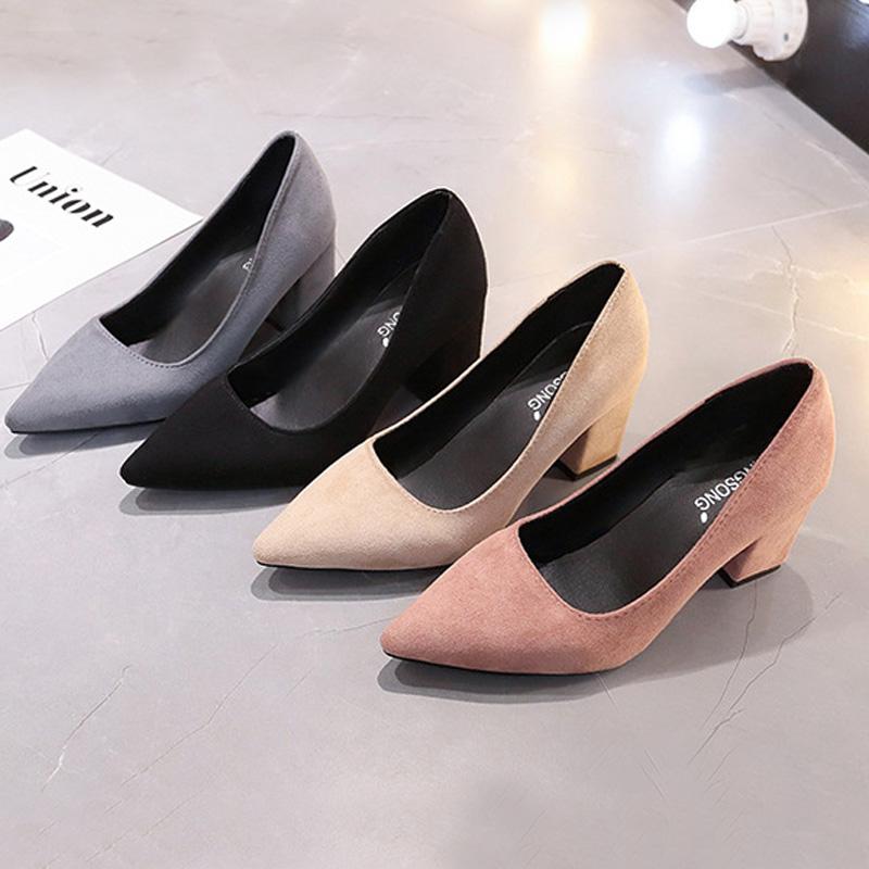 Autumn Shoes Woman Pumps Low Thick Heels Comfortable Women Work Shoes Flock Round Toe Casual Ladies Shoe Sapato Feminino WSH3183