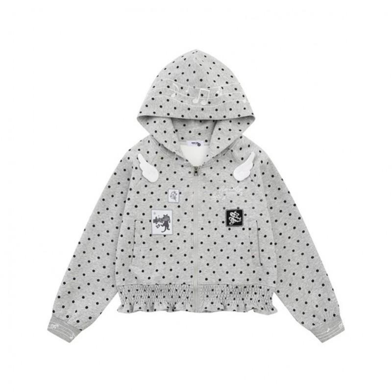 Vintage Polka Dot Embroidered Hoodie Loose Fit Casual Short Sweatshirt Women Streetwear