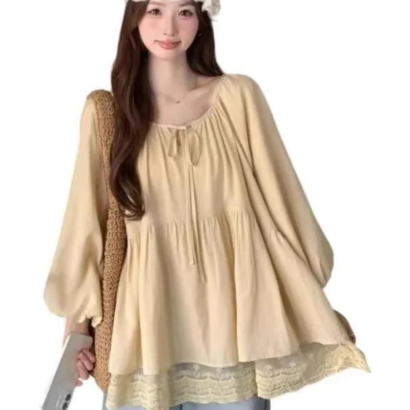 

Womens Lace Hem Tie Neck Lantern Sleeve Blouse S