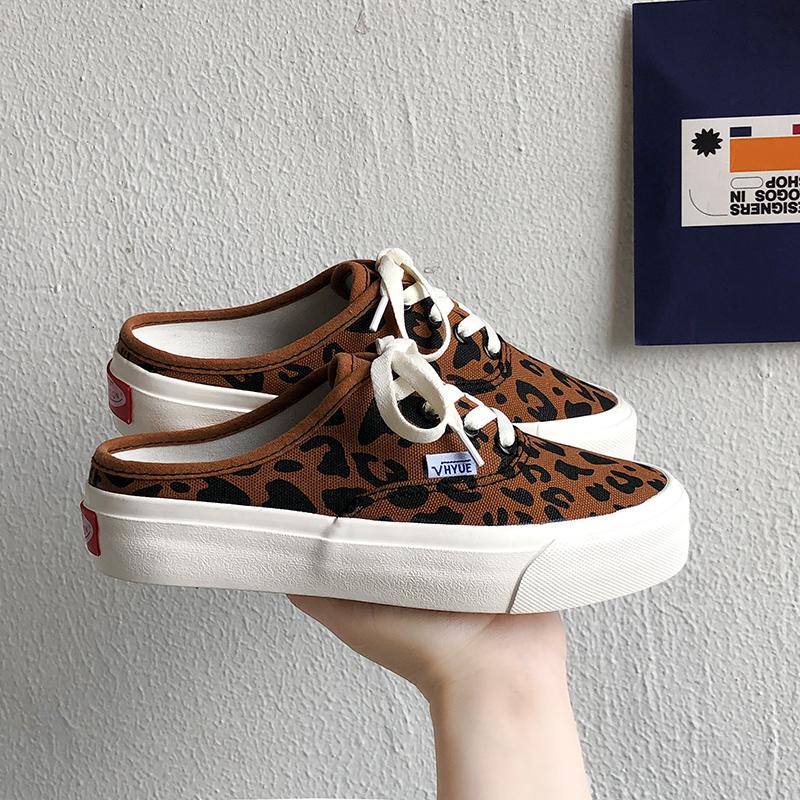 Fashion Ladies Canvas Shoes 2025 Pink Leopard Print Vulcanized Shoes Ladies Flat Shoes Leopard Print Semi Drag Flat Shoes