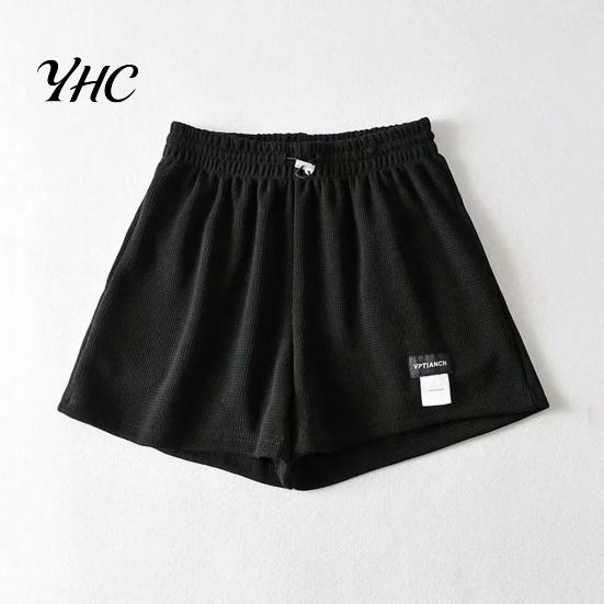 Loose Bottoms High-Waist Elastic Waistband Pockets Waffle Texture Women Shorts Fitness Wide Leg High Waist Sports Streetwear