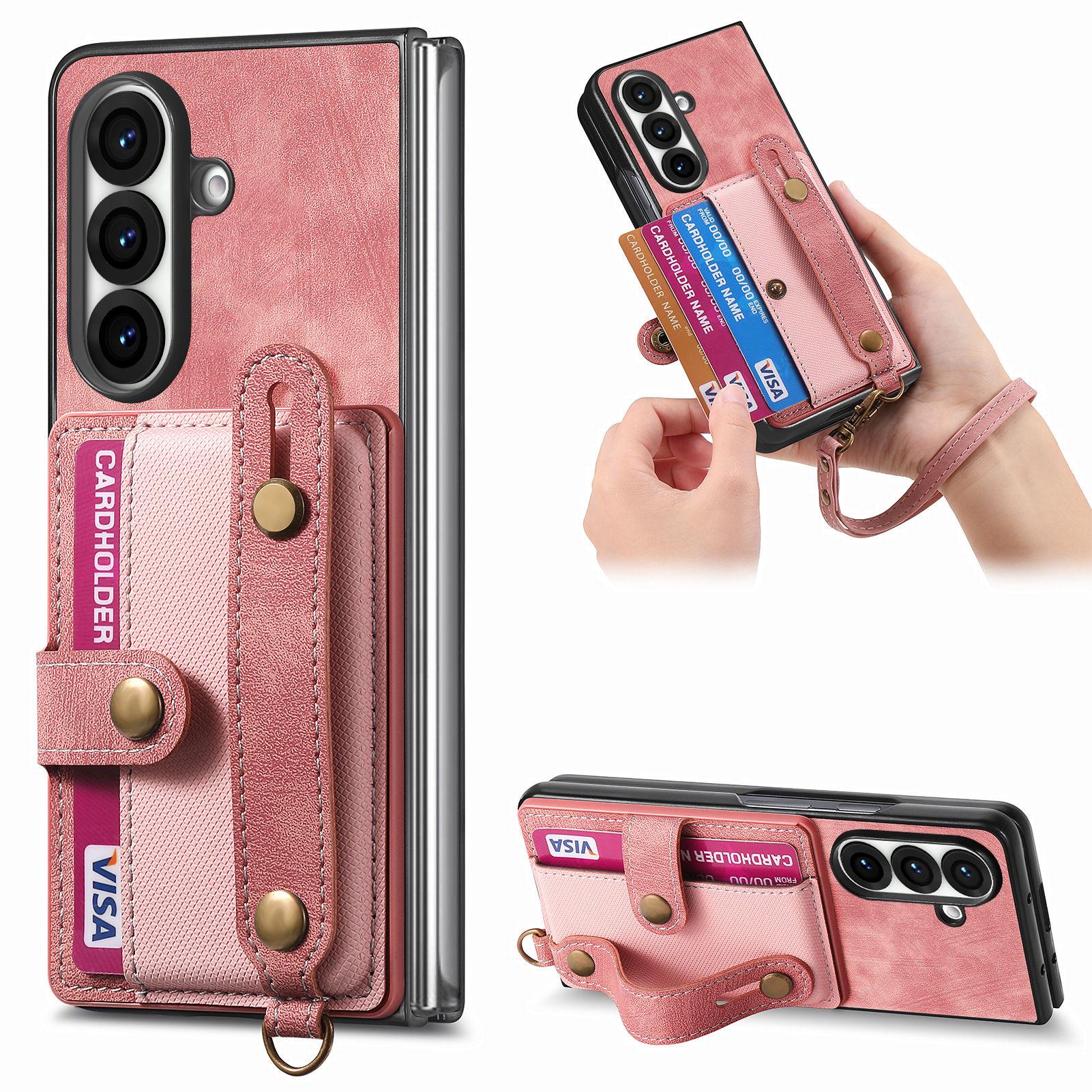 Galaxy Z Fold7 Lederhülle mit Kartenfächern - Multifunktionale Faltbrieftasche Schutzhülle für Samsung ZFold6 Galaxy Z Fold 5 rosa
