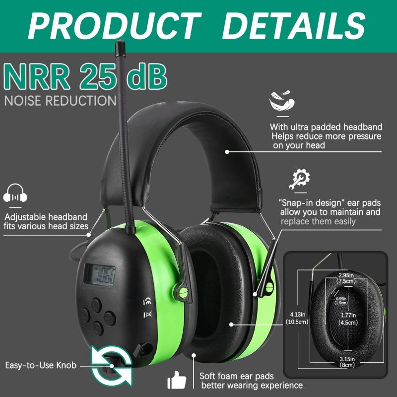 Auriculares de Protección Auditiva Bluetooth 5.4 25dB NRR Orejeras de Seguridad Manos Libres con Música Teléfono para Cortar el Césped, Talleres