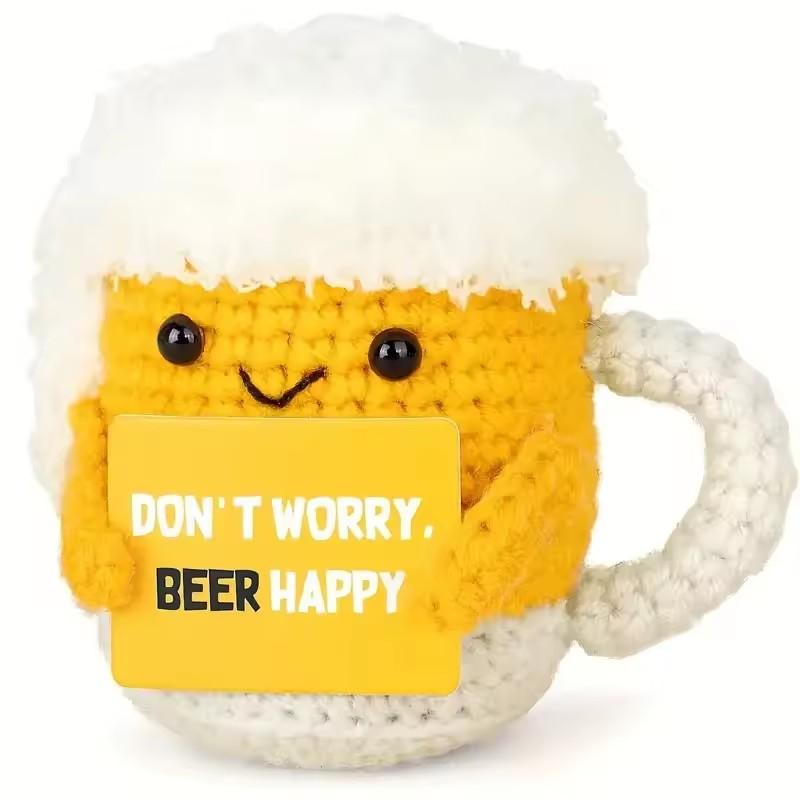 Lustige Häkel-Kaffee-Puppe zur emotionalen Unterstützung mit Karte Desktop-Ornament Handgefertigt Gestrickte Kaffee-Puppen Weihnachtsgeschenke Heimdeko