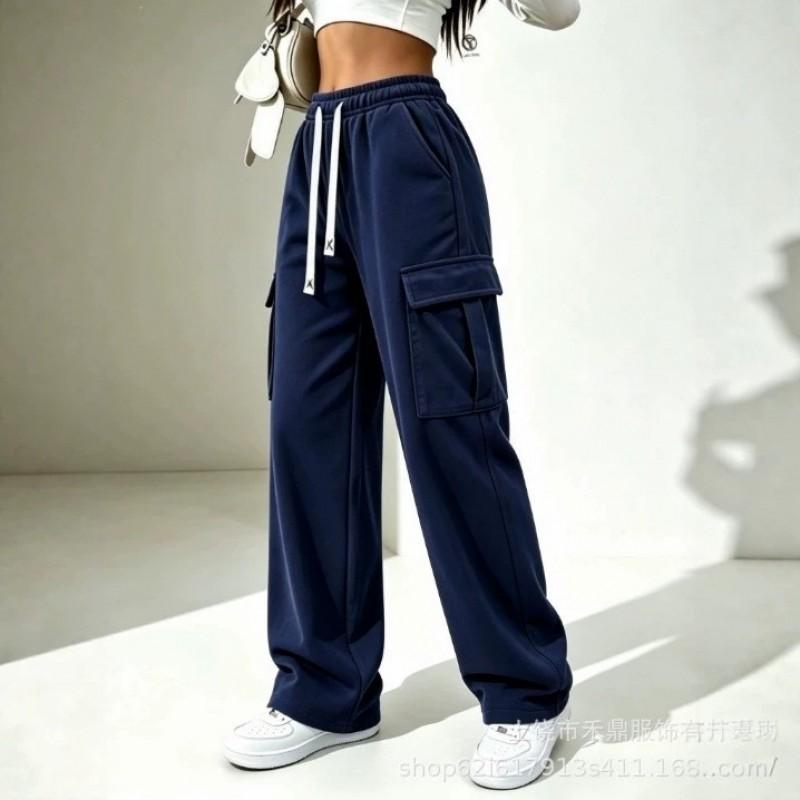 High Waist Drawstring Cargo Sweatpants Women Loose Wide Leg Solid Color Casual Straight Pants
