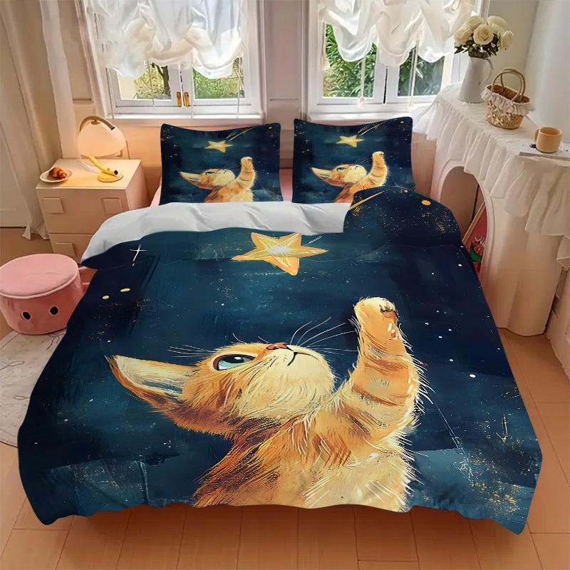 3Pcs Celestial Kitty Printed Bedding Set, Breathable And Soft,(Includes 1 Duvet Cover And 2 Pillowcases, Quilt Not Included) yy250815190
