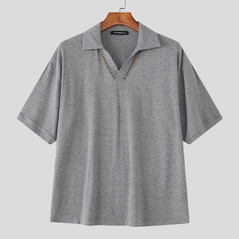INCERUN Men Lapel Neck Short Sleeve Casual Loose T-shirts Tops