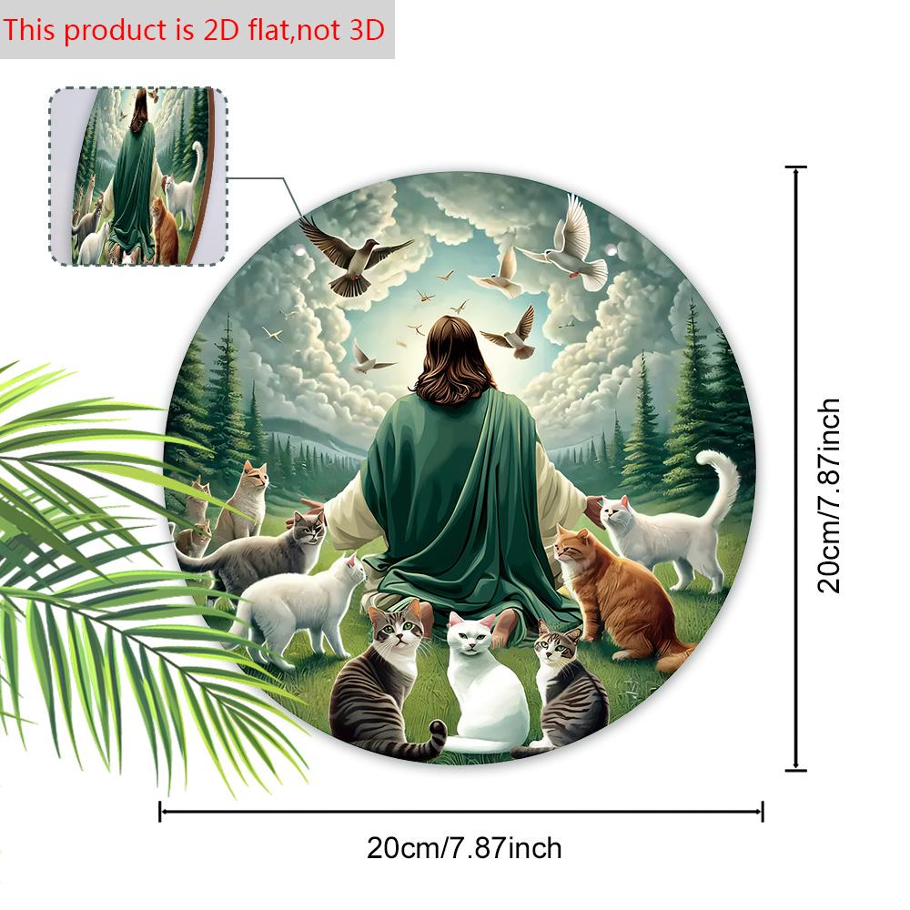 Houten Bord in Moderne Stijl met Epifanie Jezus & Kat & Vredesduif Patroon, Jezus Rond Bord voor Voordeur Wandhanger Decoratie, Ideaal Epifanie Cadeau