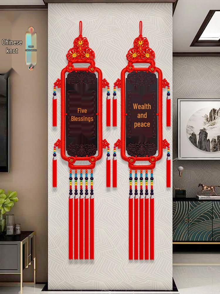 Chinese Knot Fu Character Wood Carving Pendant: New Style Large Hanging Ornament for Living Room, Entrance, or TV Wall Decor.