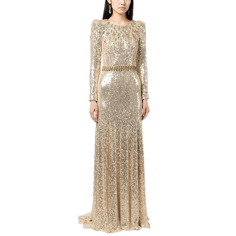 Luxury Gold Sequin Evening Gown with Heavy Beading and Rhinestones - 2026 European & American Celebrity Style