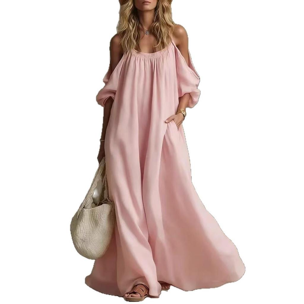 Damen Baumwolle Leinen Maxikleid Spaghettiträger Schulterfrei Lockerer Schnitt Taschen Fließend Sommer Strandurlaubskleid