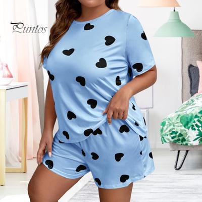 2 stk/sett Dame Sommer Pyjamas Tegneserie Hjertetrykk Rundhals Kortermet T-skjorte Elastisk midjeshorts Dame Plus Size Loungewear Natttøysett