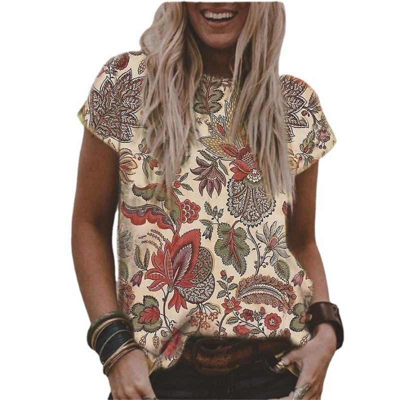Summer Round Neck 3D Flower Print Top Fashionable Casual Short Sleeved Women's T-shirts