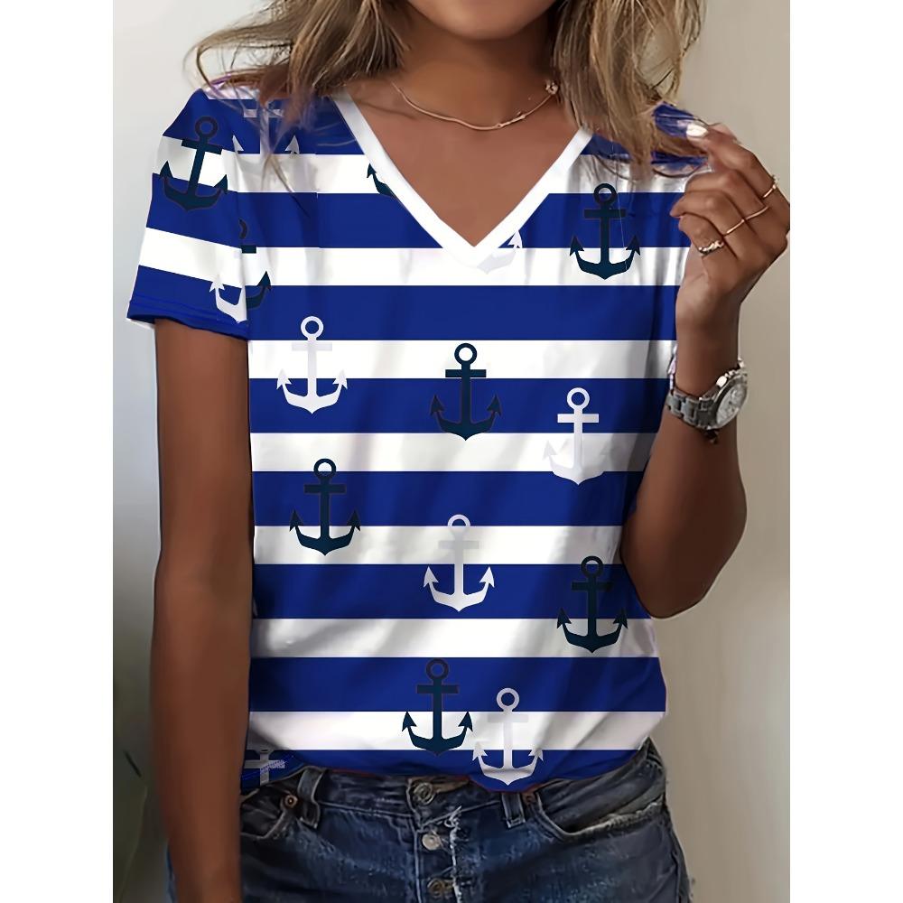 [T-shirt Imprimé Ancre] T-shirt Décontracté pour Femme à Imprimé Ancre et Col en V - Court