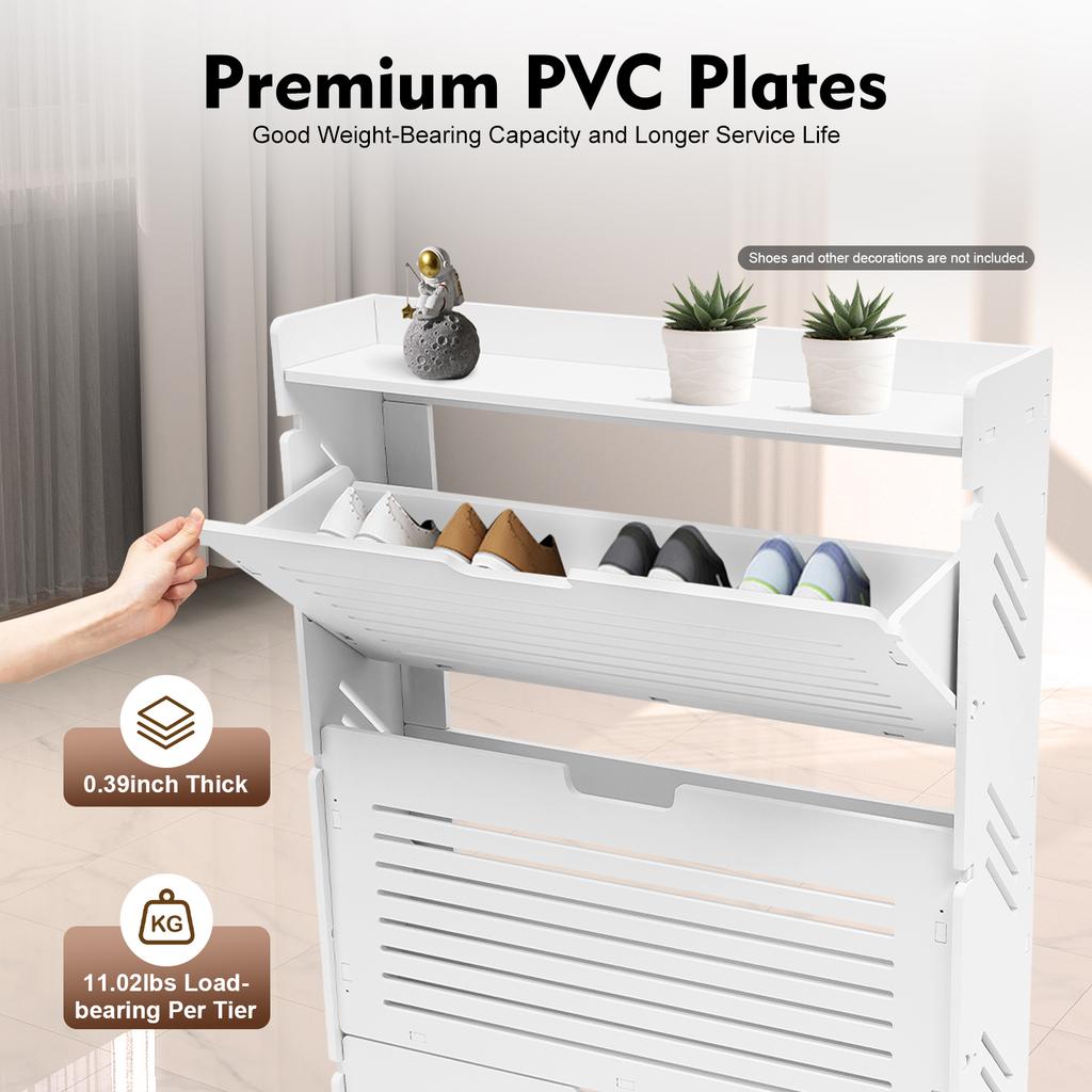 White Flip Up Shoe Cabinet 3 Tier Storage Organizer PVC Space Saving Entryway Hallway Closet for Small Apartments