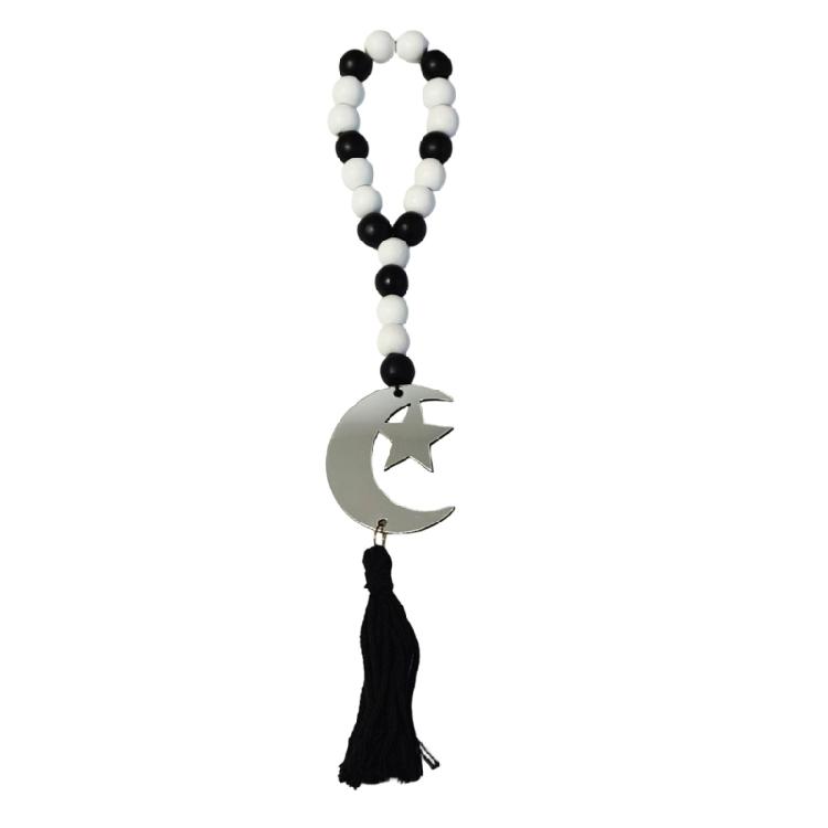 Eid Mubarak Wooden Beads Garlands with Acrylic Moon Pendant Tassels Ramadans Islamic Hanging Ornament Muslims Party Decors