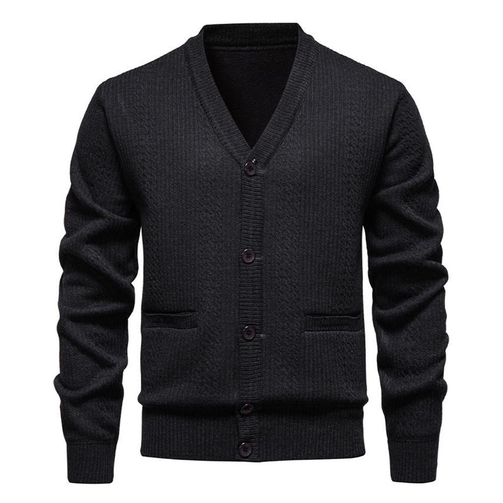 Men's Solid Color Textured Pockets Plush Thick Warm Casual V-neck Sweater Jacket