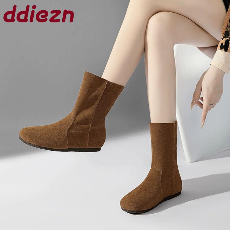 Fashion Fashion Round Toe Women Ankle Boots Flats Shoes Female Slip On Footwear Flock Ladies Modern Short Boots Shoes lady