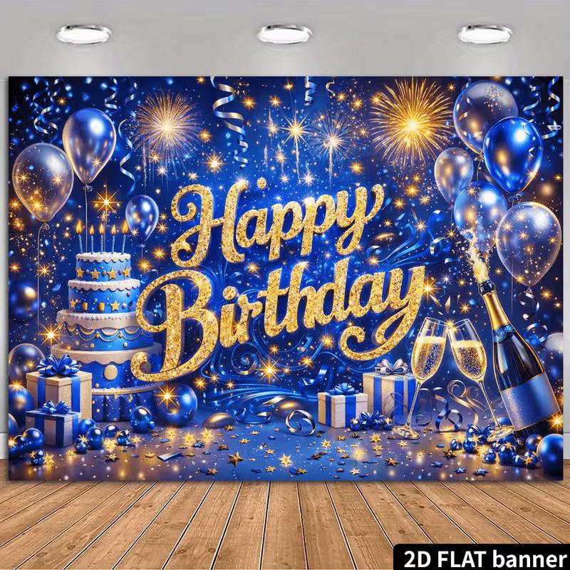 2D Blue Gold Glitter Happy Birthday Backdrop, Champagne Cake Party Banner