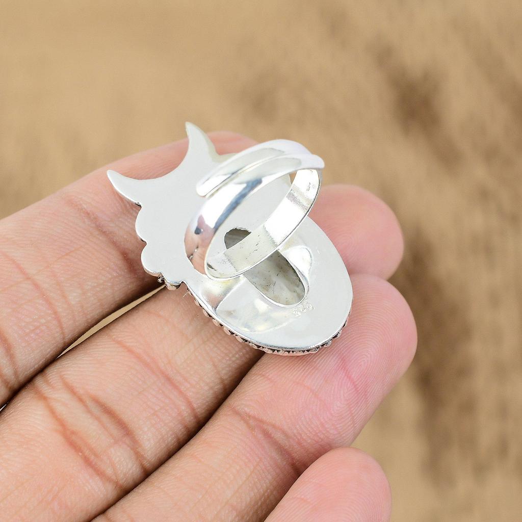 925 Silver Oval Natural Scolecite Unique Cresent Moon Wedding Wife Promise Ring