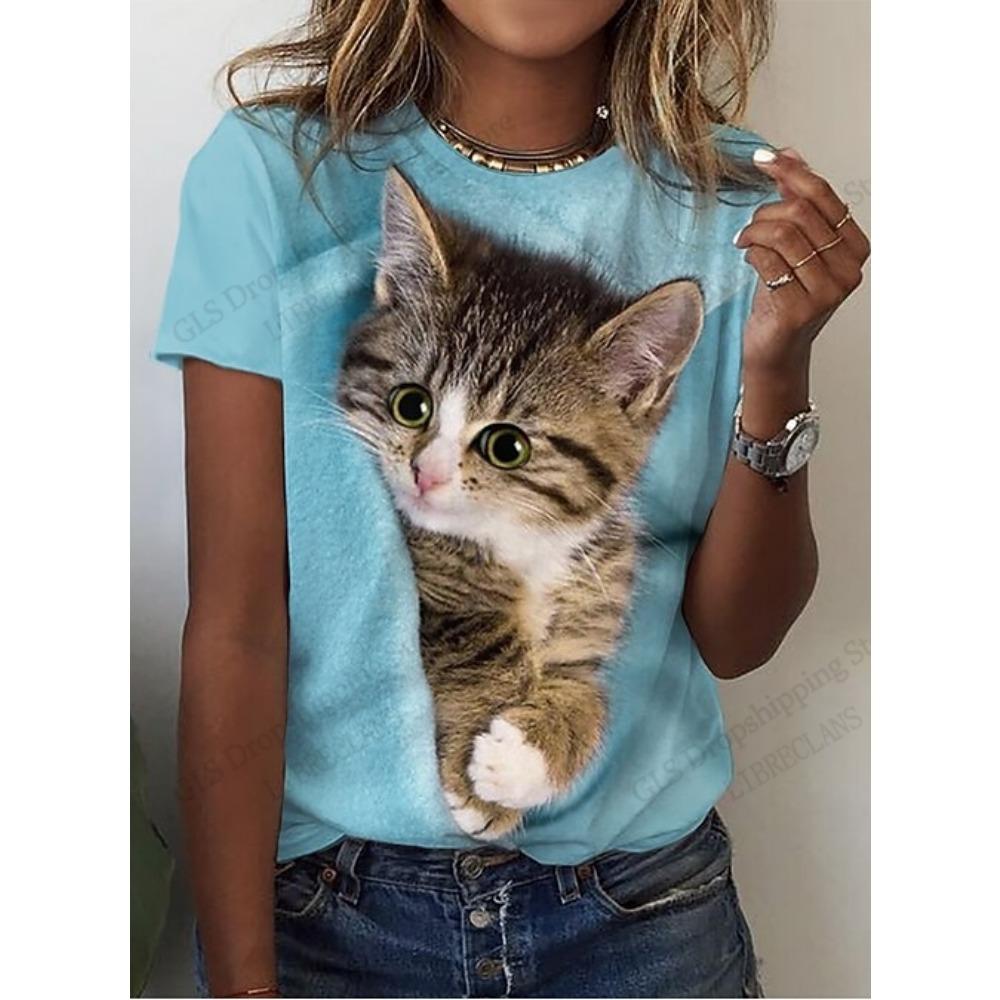 T-Shirt Cartoon Süßes Tier Katze Hübsch 3D-Druck T-Shirt Damen Mode Kurzarm Lässige Tops T-Shirts Damenbekleidung