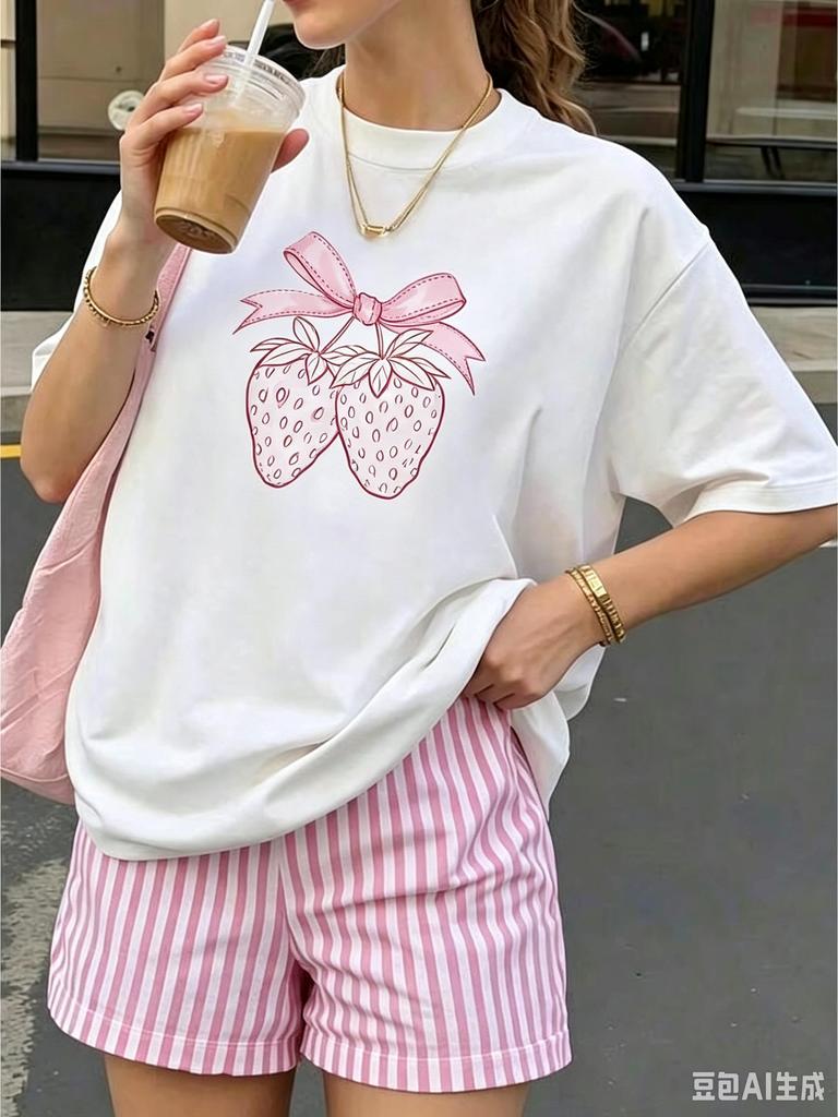 Women's Graphic T‑Shirt Strawberry & Bow Design Print Crew Neck Short Sleeve Bow Detail Casual Everyday Outfit Tee